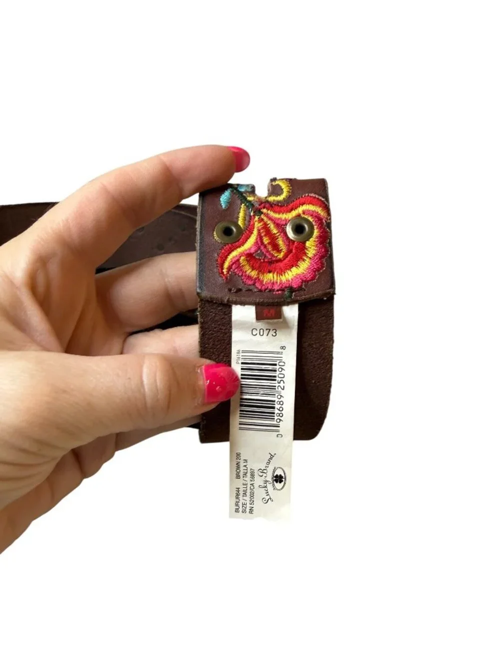 Lucky Brand Floral Embroidered Brown Leather Belt Medium 42
